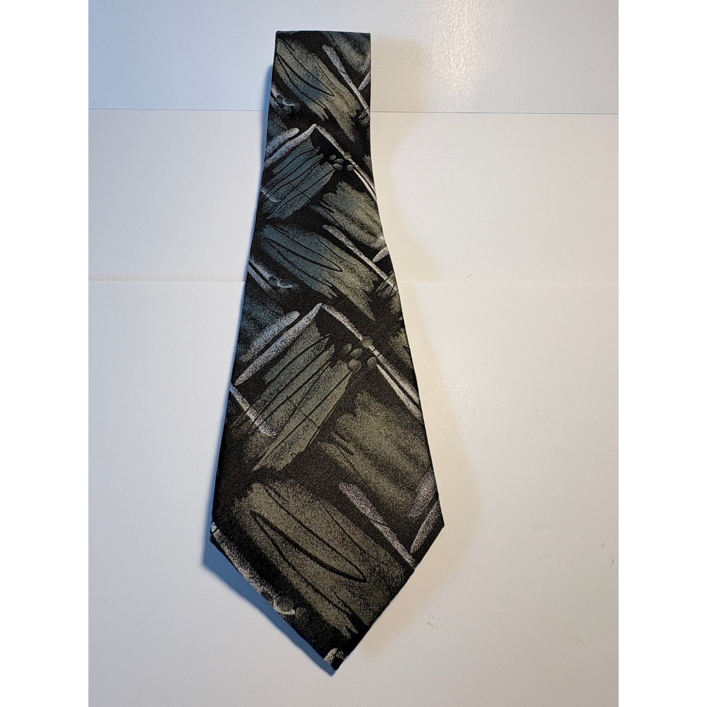 Pierre Cardin Silk Tie Mens Abstract Brushstroke Olive Green Grey Black Vintage